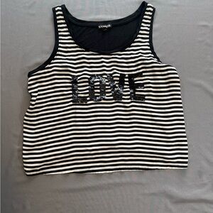 Express Black & White Striped Sequin 'LOVE' Cropped Tank